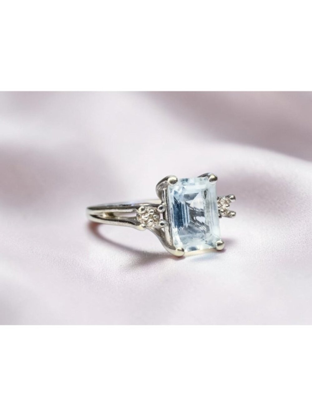 VINTAGE 10K Gold Natural Aquamarine & Diamond Ring Size 5.75 Emerald Cut -2.3g - Picture 5 of 16